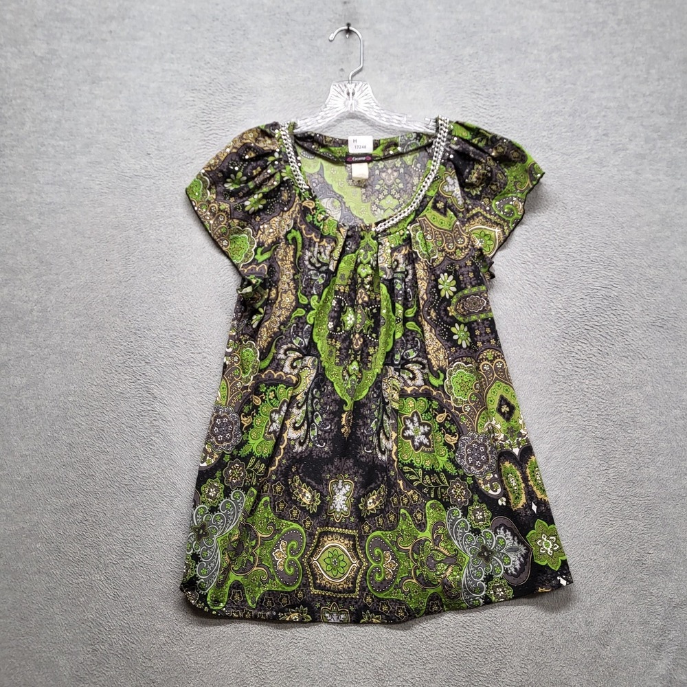 Cocomo Women Blouse XL Green Tunic Paisley Chain Sequin Scoop Neck Pullover
